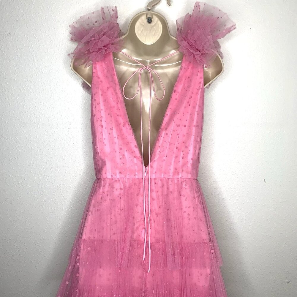Monique Lhuillier Pink Tiered Tulle Backless V-Neck Mini Dress - Picture 6 of 8